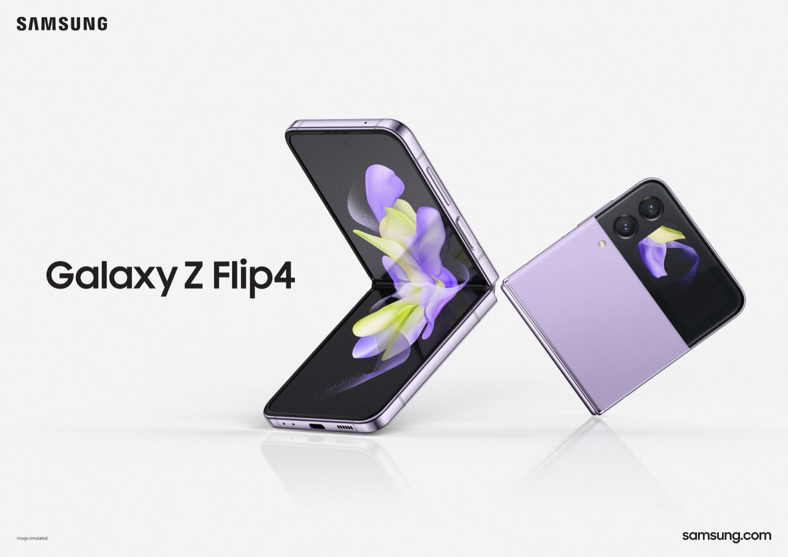 Galaxy Z Flip 4 violet ouvert en V montrant son écran pliable, à côté d'un second exemplaire fermé