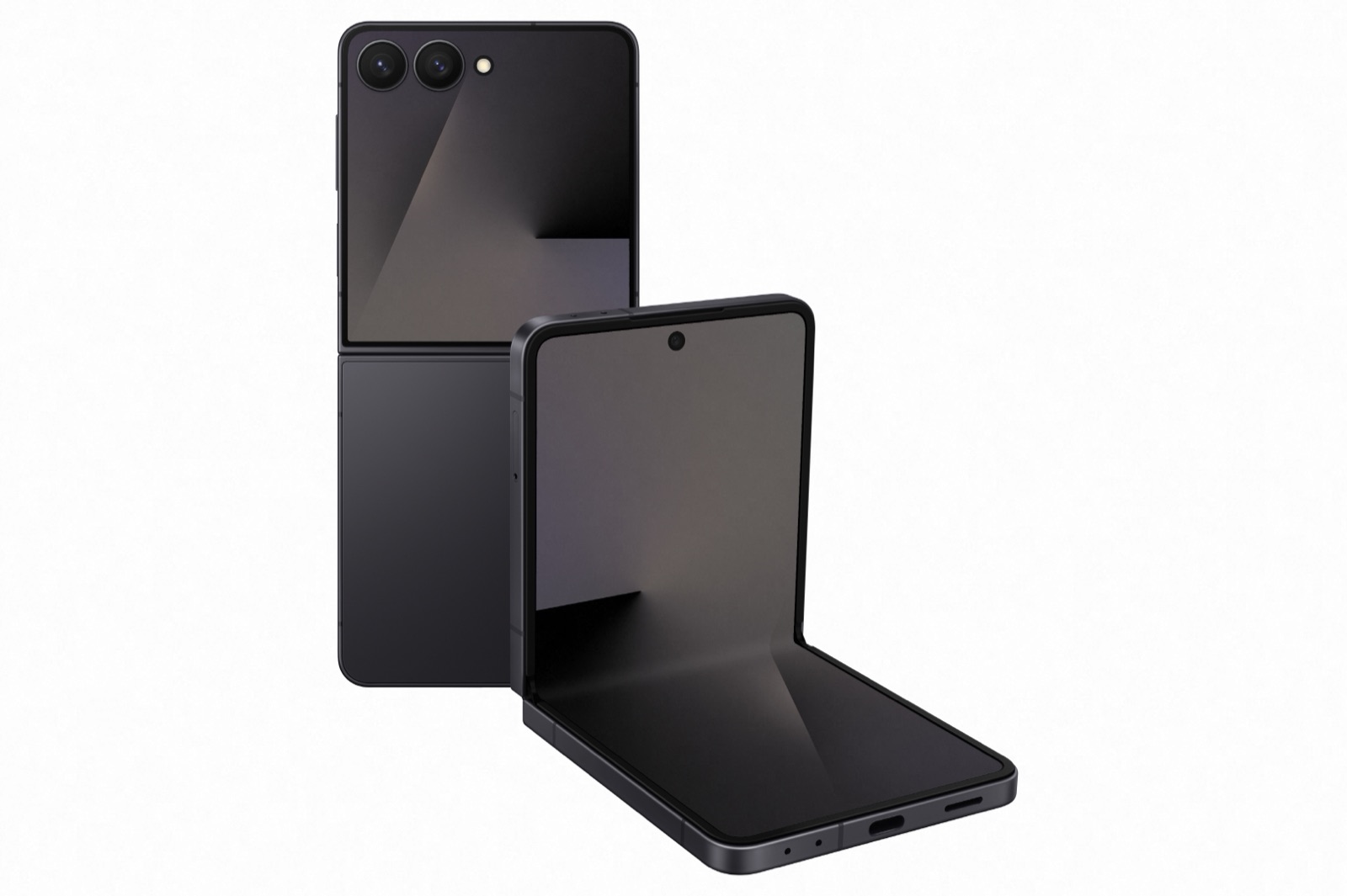 Deux Galaxy Z Flip 7 noirs, l'un fermé vu de dos avec son écran externe bord à bord, l'autre ouvert à angle droit