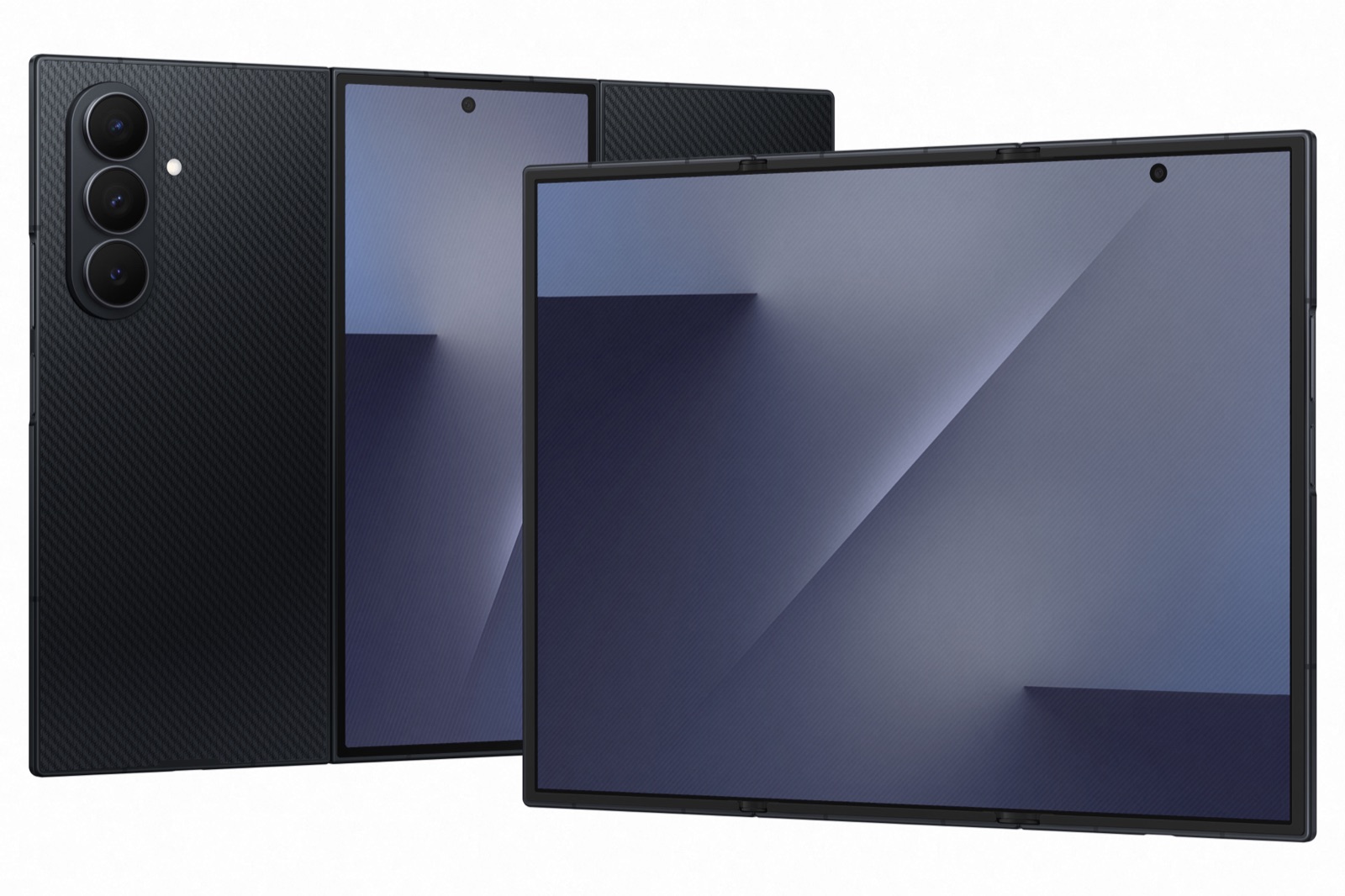 Samsung Galaxy Z TriFold déplié, vu de face et de dos à moitié ouvert